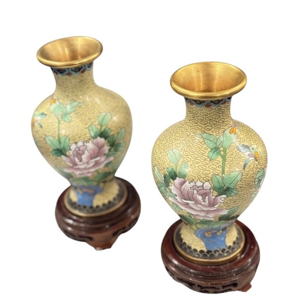 Other - Vintage Chinese Cloisonne Enamel Miniature Vases Pair Yellow Floral with Stands